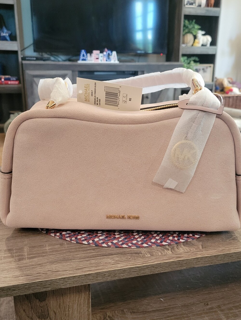 Michael Kors Pale Blush Suede Shoulder Bag with Gold Hardware